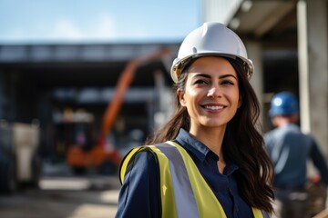 Smiling woman engineer overseeing construction area - obrazy, fototapety, plakaty