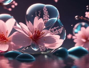 Japanese cherry blossom background with water drop 3d