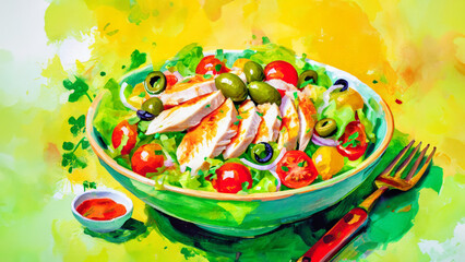 チキンサラダ　サラダボウル　イラスト