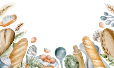 Watercolor background with place for text. Cooking with a rustic loaf of bread, a carton of eggs and a scattering of measuring spoons on a white background. Dull colors capture the essence of everyday