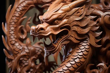 Keuken spatwand met foto dragon carved of wood home decoration. Symbol of the year 2024 Chinese lunar year. Wood carving hobby © Dina