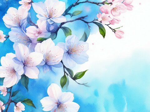 watercolor cherry flower with a blue background