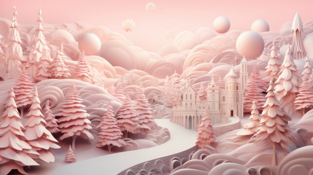 pink maximalist Christmas decoration podium 3d render with xmas trees and bubbles set design for cosmetics or product photography with copy space