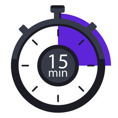 Timer with 15 minutes on dial illustration. Time, stopwatch, alarm clock, clock, second, hour, minute, countdown, chronometer, hands, mechanism. Vector icons for business and advertising