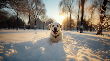 A cheerful and playful Labrador dog plays in the snow in a snowy park. Snowfall. The winter vacation. - Powered by Adobe