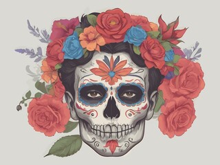 Mexican. Man with Day of the Dead makeup and flower. Generative AI