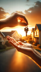 one person's hand passing a set of keys to another person's open hand against a warm sunset backdrop, with a soft-focus background