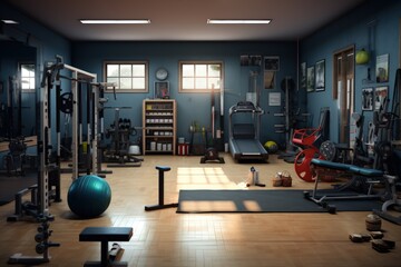 Interior view of a gym with equipment.
 - Powered by Adobe
