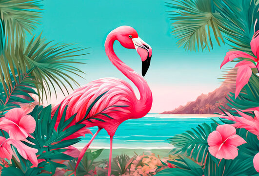 Pink flamingo on the shore of the blue ocean, palm trees, blue sky, sun. Paradise landscape