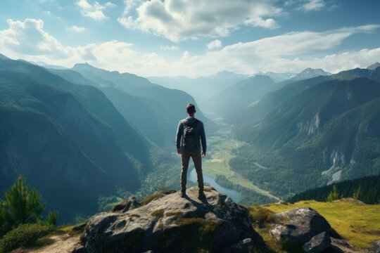 A motivational picture with a man standing on the highest mountain peak.