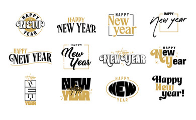 Happy new year lettering card. Gold and black.