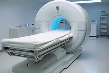 A clinical magnetic resonance imaging (MRI) machine in a sterile medical room, ready for diagnostic procedures.