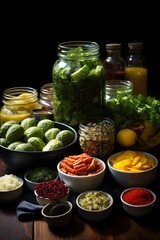 A collection of fresh vegetables, salt, spices and fermentation jars arranged for crafting homemade fermented veggies