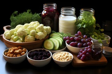 Fresh produce, a mix of spices, salt and fermentation jars set up for making delicious homemade fermented vegetables
