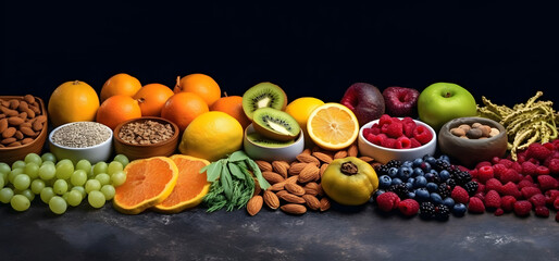 A banner with fresh fruits, berries and nuts, set against a dark concrete background