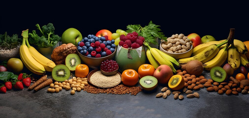 A banner with assorted fruits, vegetables, berries, nuts, and foodstuffs arranged on a dark concrete background