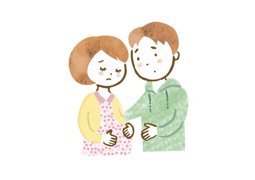 マタニティブルーの妊婦さんと慰める夫の手描きイラスト