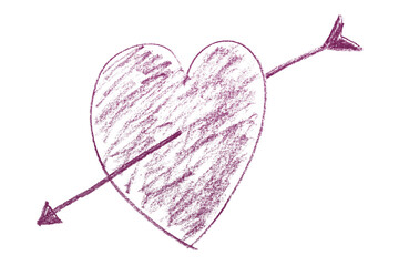 Pencil drawn dark purple heart arrows isolated on transparent background.