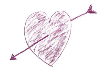 Pencil drawn dark purple heart arrows isolated on transparent background.