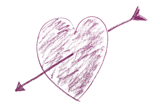 Pencil drawn dark purple heart arrows isolated on transparent background.