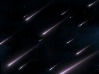 Meteor stream on a black background. Star rain in the night sky. Meteorites burn up in the atmosphere.