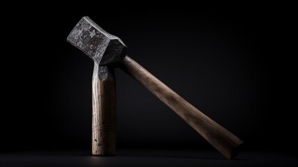 a photograph of an isolated hammer, its polished head and worn handle creating a visually striking contrast against the minimalist 