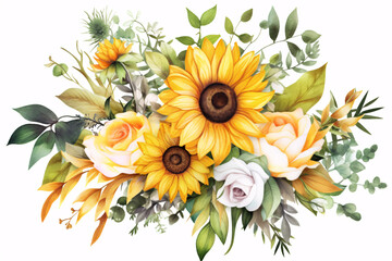 Naklejka premium Watercolor Flowers Bouquets, illustration with green gold leaves centre on white background for wedding invitations, greetings, wallpapers, fashion, prints 