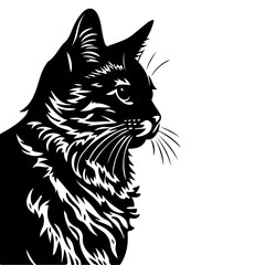 Obraz premium Cat linocut template. A black, fluffy cat. Engraving, logo, linart. Black image on a white background
