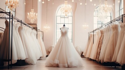 Beautiful elegant luxury bridal dress in beige tones on hangers. Assortment of wedding gowns hanging in a boutique bridal salon.