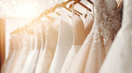 Beautiful elegant luxury bridal dress on hangers. A variety of wedding dresses hanging in a boutique bridal salon. Blurred background in beige tones and sunlight. - obrazy, fototapety, plakaty