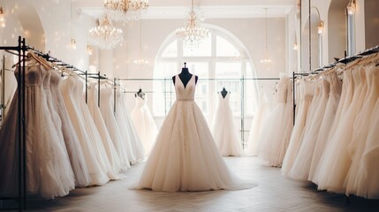 Beautiful elegant luxury bridal dress in beige tones on hangers. Assortment of wedding gowns hanging in a boutique bridal salon.