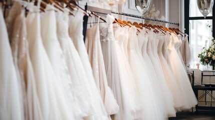 Beautiful elegant luxury bridal dress in beige tones on hangers. Assortment of wedding gowns hanging in a boutique bridal salon.