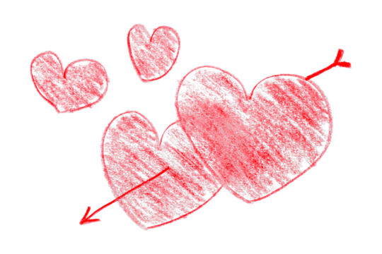 Pencil drawing red heart arrows isolated on transparent background.