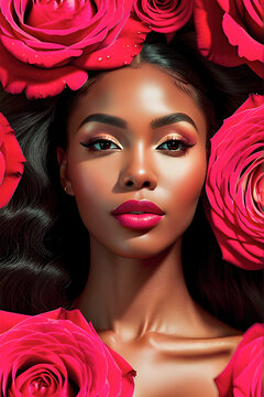 Young sensual African American woman with red lipstick on her lips, among red and burgundy roses. The concept of makeup, perfume. Generation AI