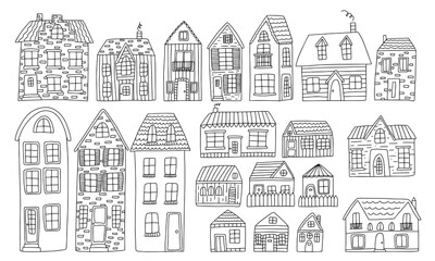 Vector set of town houses and country houses hand drawn style. Different houses doodle set