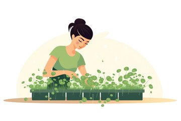 A woman grows microgreens to sell. Simple illustration on white background