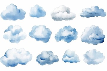 A group of cumulus clouds for weather forecast on a white background. Watercolor