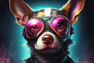 Drawing of a dog's head with glasses on a green background in cyberpunk style. Cyberdog
