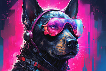 Drawing of a dog's head with glasses in cyberpunk style. Cyberdog