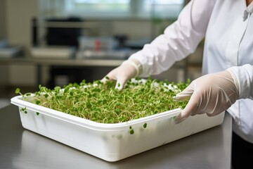 Female hands hold a large white plastic box with microgreens. Growing microgreens for sale