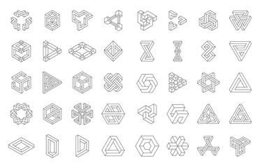 Collection of impossible shapes isolated on white background. Fascinating optical illusions. Line art set. 
 Vector illustration.