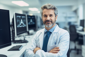 Fototapeta premium Orthopedic surgeon doctor examining patient joint x-ray bone scan in radiology orthopedic hospital Generative Ai