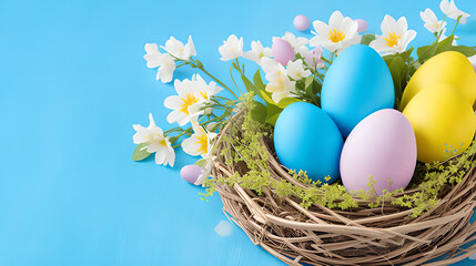 Five colourful eggs with flowers in a nest isolated on a blue background. Side view, close-up. Easter concept, Easter eggs.