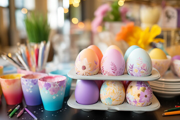 A creative Easter craft station with DIY egg decorations.