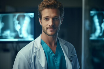 Fototapeta premium Experienced doctor in operation room analyzing x ray diagnosis surgeon radiologist Generative AI