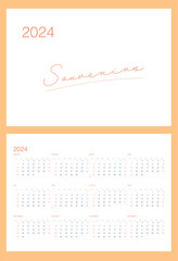 Minimalistic calendar grid for 2024 in French in 2024 orange color