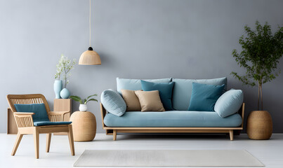 Blue sofa and beige recliner chair against grey wall with copy space. Scandinavian, minimalist home interior design of modern living room. - obrazy, fototapety, plakaty