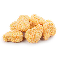 Golden chicken nuggets isolated on white background. Fried crunchy yellow pieces of chicken nuggets in heap.