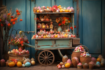 A Rustic Easter Egg Cart with a Friendly Vendor Selling