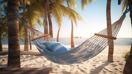 hammock with pillow for relaxing on the beach under palm trees near the ocean with sand - Powered by Adobe